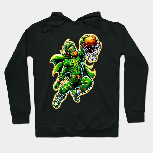 St Patrick's Day Irish Superhero Leprechaun Basketball Player Hoodie by E